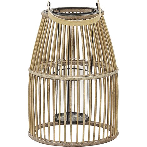 Linterna de madera de bambú beige 32 cm soporte de vidrio estilo boho para interior y exterior Hoste (1/5)
