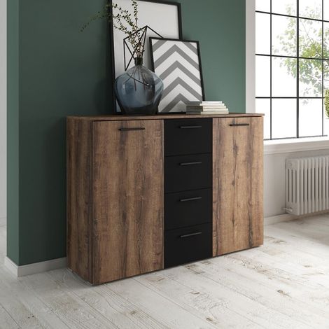 Commode ORION 2 portes et 4 tiroirs - Chêne foncé / noir (1/3)