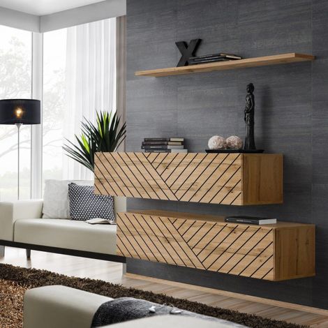 Lot de 2 Bancs Muraux & Étagère "Switch SBII" 130cm Naturel Rainuré (1/5)