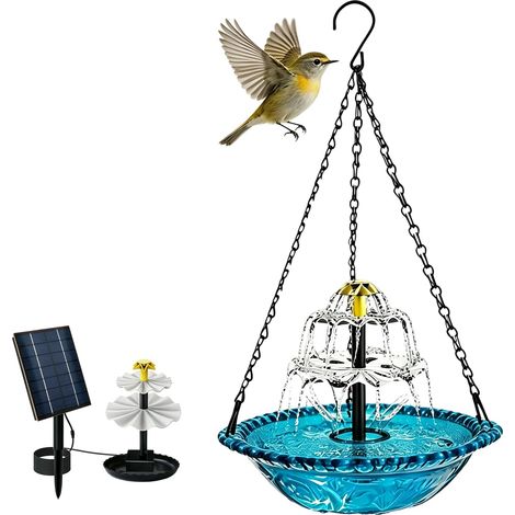 Bain D'oiseaux Suspendu - 1 Unité - ABS Et Métal - Fontaine Solaire - Jardin Balcon Terrasse - Bleu 23cm (1/5)