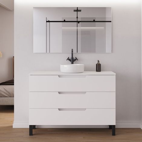 Meuble de salle de bain 120cm avec plateau et vasque à poser ronde - 3 tiroirs - blanc mat - RIZA (1/5)