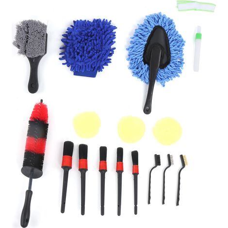 Jeu de 17 brosses de détail auto, outil de nettoyage pour jantes, habitacle, extérieur, bouches d'aération et emblèmes - Adapté voiture, camion, pneus et finitions (1/5)