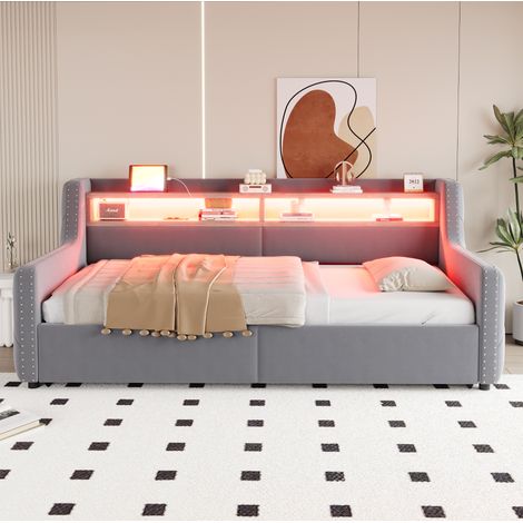 Letto divano imbottito moderno 90x200 cm in velluto grigio chiaro, contenitore sollevabile, LED, ripiano, prese USB/Type-C, rete (1/5)