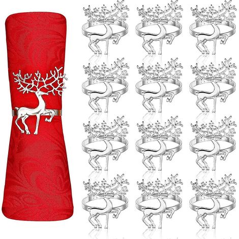 Lot de 12 ronds de serviette de Noël en forme de renne, 6 cm, argentés, pour le déjeuner de Noël ou la fête de Thanksgiving. (1/5)