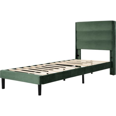 Lit rembourré 90 x 200 cm avec sommier à lattes et tête de lit, velours vert foncé, style moderne (1/5)