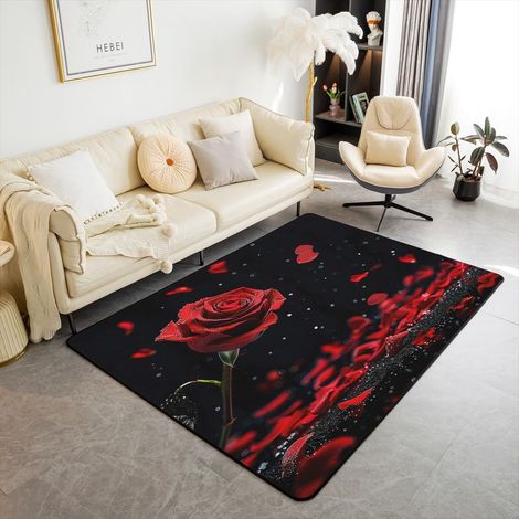Roses Tapis Salon 100x150,Romantique Fleur 3D Tapis Antidérapant,Pétale Saint Valentin Fleur Ferme Tapis Intérieur Et Extérieur,Noir Rouge Fleur Amoureux Tapis Décoratif Salon (1/5)