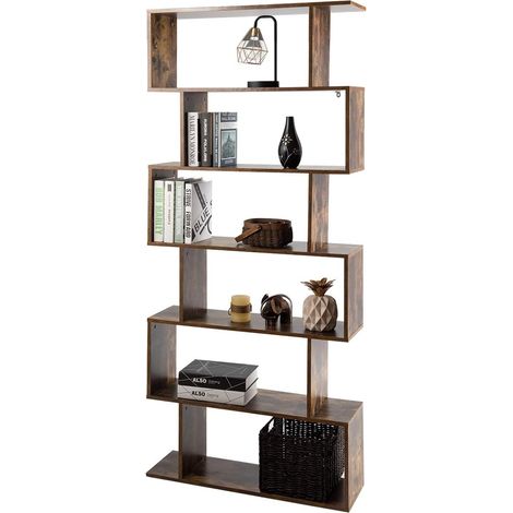 Costway – Bibliothèque industrielle 6 niveaux 80x23x192cm – Étagère en bois de particules – Design en S avec pieds antidérapants – Marron