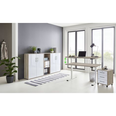 BMG Möbel Büromöbel komplett Set mit elektrisch höhenverstellbaren Schreibtisch Arbeitszimmer e-Dition in Eiche Sonoma/weiß matt Gestell weiß