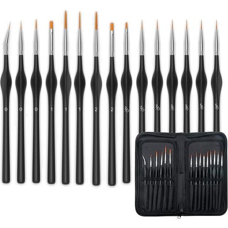 Set di 15 pennelli di precisione con custodia, set di pennelli in miniatura, set professionale di mini pennelli sottili con custodia. (1/5)