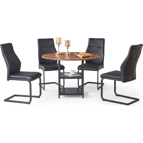 Ensemble table ronde et 4 chaises, table à manger 107 cm avec double rangement, plateau effet noyer et sièges noirs matelassés (1/5)