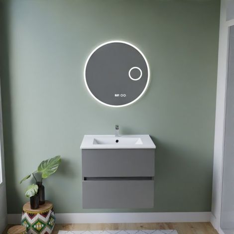 Meuble vasque ROSALY INOX 60 cm + miroir Rondinara- Gris- Plan vasque en Céramique