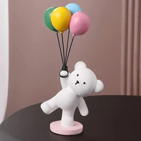 Figurine décorative d'ours en résine avec ballons, blanche avec ballons multicolores, dimensions : 10 x 10 x 26 cm / 15 x 14 x 28 cm / 10 x 14 x 36 cm (1/5)