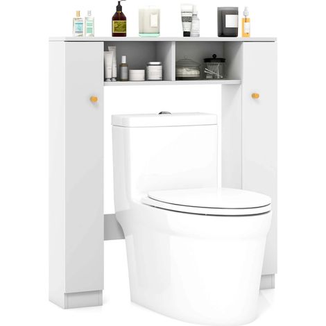 Meuble de rangement au-dessus des toilettes blanc avec 2 compartiments ouverts et 4 étagères réglables pour salle de bain et WC (1/5)