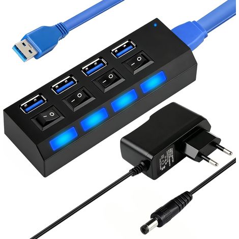 Aktiver USB-3.0-Hub mit 4 USB-Ports und individuellen LED-Schaltern, mehrere USB-Anschlüsse für PC, Laptop, Maus und Tastatur, inklusive 5V/2A-Netzteil