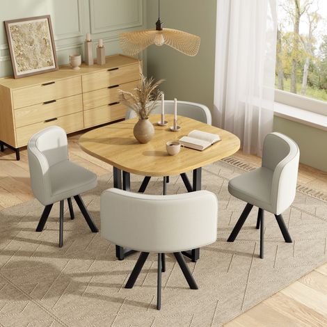 Set table à manger 85x85x74cm + 4 chaises en lin, plateau chêne, pour cuisine et salle à manger, Pour 4 personnes, beige+chêne