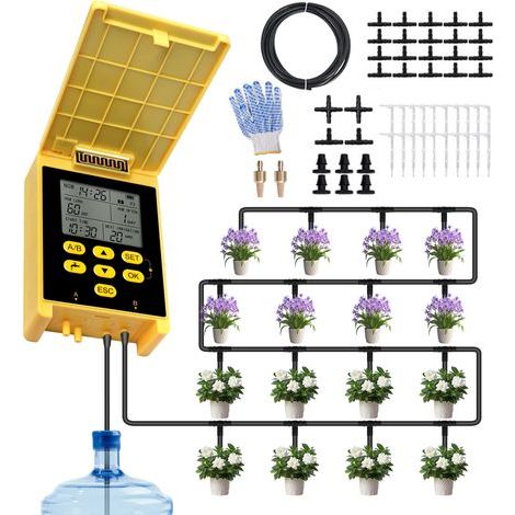 Système d'irrigation solaire goutte-à-goutte pour 20 plantes - Double pompe, écran LCD, détection de pluie, programmateur, économie d'eau, pour pots. (1/5)