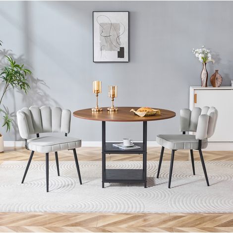 Conjunto de mesa redonda de 107 cm efecto nogal con 2 sillas gris claro de tela (1/5)