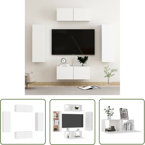 The Living Store Ensemble de meubles TV 4 pcs Blanc Bois d'ingénierie - Meuble Tv Mural - Meuble Tv Blanc - Ensemble Meuble Tv - Support Tv - Rangement Tv (1/5)