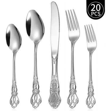 Set di posate in argento da 20 pezzi, in stile vintage reale, in acciaio inossidabile, per 4 persone. Il lussuoso set di posate in argento comprende forchette, cucchiai e coltelli, con finitura a spec