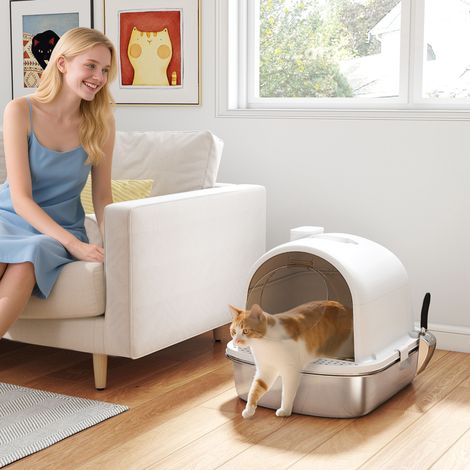 Katzentoilette aus Edelstahl mit Deckel, Geruchsbeutel, Schaufel, leicht zu reinigen, 52,4 x 41,3 x 39,9 cm, Weiß