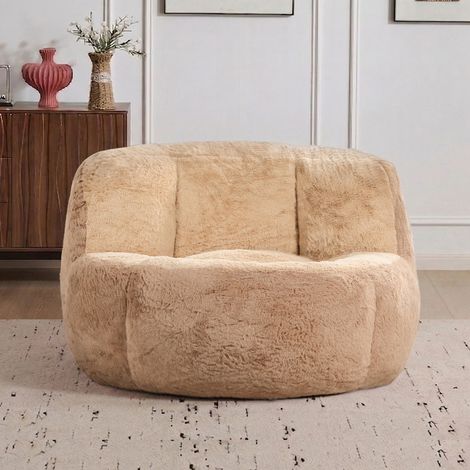 Pouf géant, canapé en fausse fourrure multicolore garni de mousse déchiquetée, grand canapé-lit pour salon, aucun assemblage requis, marron et camel (1/4)