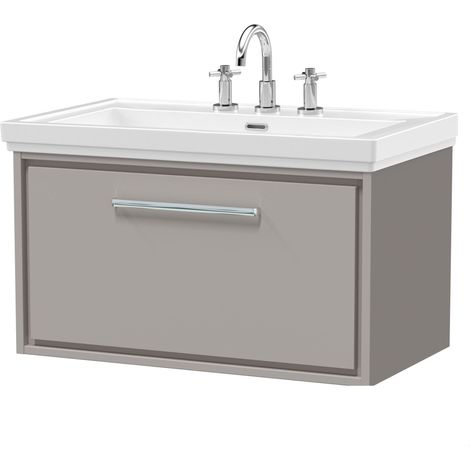Balterley Longnor Modern Bathroom Wall Hung Single Drawer Vanity Unit with Fireclay Basin, Pebble Grey, 800mm