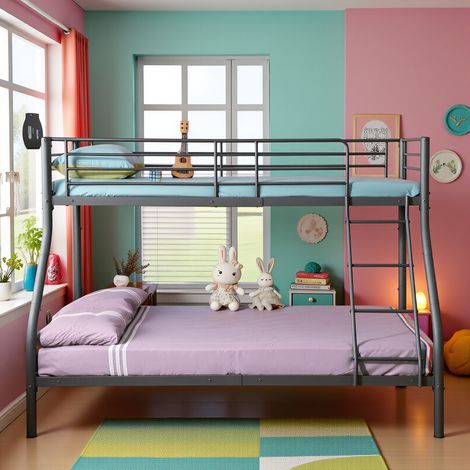 Lits Superposés en Métal avec Échelle - Noir, Lit Double Superposé pour Enfants, Cadre Métallique Durable et Confortable (1/5)