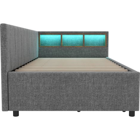 Tagesbett 90 x 200 cm grau aus Leinen und MDF mit Schubladen, Stauraum, LED und USB-C (1/5)