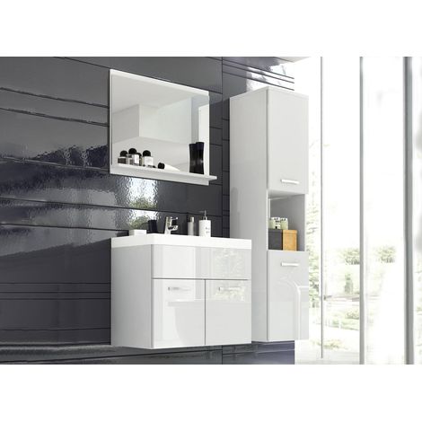 Deco In Paris – Ensemble de meubles salle de bain suspendu – Meuble lavabo 60 cm avec rangement – Armoire murale 5 compartiments – Blanc laqué (1/5)