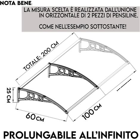 Pensilina Tettoia in Policarbonato Trasparente e Satinato con Braccetti Rinforzati Trasparente 200x60