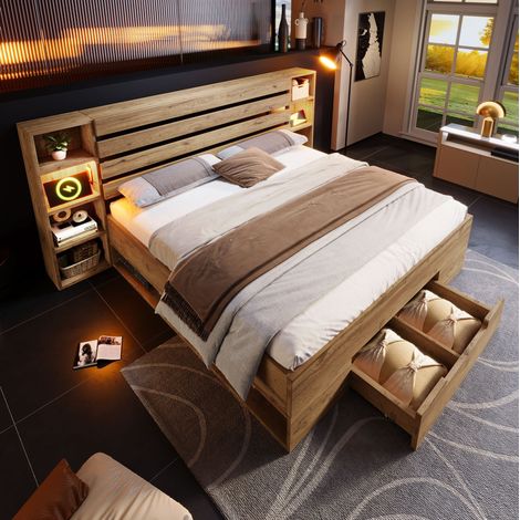 Bett modern 160x200 cm aus Holz und Metall in Eiche mit Stauraum-Kopfteil, LED, USB-C, 2 Schubladen und Lattenrost (1/5)