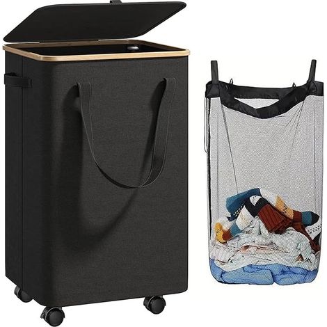 Panier à Linge à Roulettes avec Couvercle 70L Bac à Linge avec Couvercle et Sac Amovible Corbeille à Linge Étroite en Oxford et Bambou (1/5)