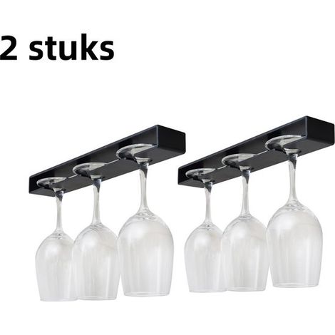 Support à verres à vin inversé 2 pièces - Support à verres de cuisine - Inversé - Support à verres suspendu pour cave à vin/bar - Sans perçage - Long - Noir (1/5)