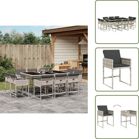 The Living Store Ensemble à manger de jardin 11pcs avec coussins gris poly rotin - Salon De Jardin - Meuble De Jardin - Set De Salon De Jardin - Mobilier De Jardin - Table De Jardin