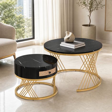 Runder 2-in-1 Couchtisch aus MDF mit Schublade, Marmoroptik, schwarz/gold HAVRYA (1/5)