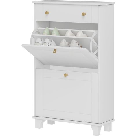 Schmaler, weißer Schuhschrank (60 x 23,5 x 98,5 cm) mit Schubladen, Klapptüren und verstellbarem Einlegeboden.