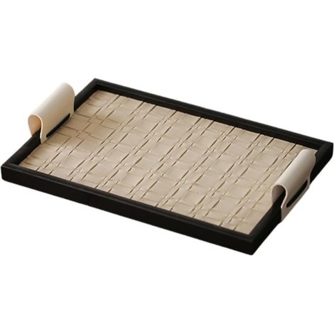 Plateau à bijoux – Organiseur avec bordure en bois – Accessoire décoratif idéal pour le bureau – Plateau rectangulaire avec poignées en cuir – Plateau décoratif moderne convenant au salon et à la cham (1/5)
