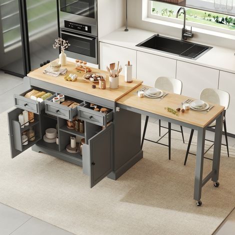 Kücheninsel auf Rollen 124 x 45 x 92 cm – Mobiler Serviertisch mit ausziehbarer Arbeitsplatte und Stauraum – Grau und Natur (1/5)