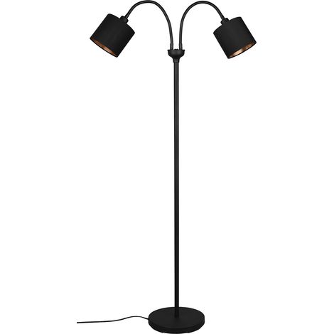 Lampadaire, métal noir mat, abat-jour en tissu noir, doré, 2x E14 (1/5)