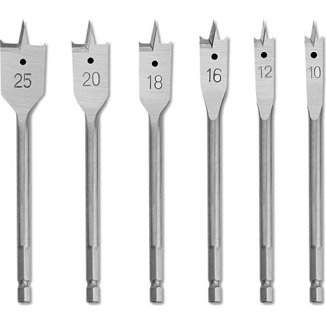 Jeu de 6 Forets Plats à Tige Hexagonale 10-25mm en Acier au Carbone Robuste pour Travail de Bois, Foret Plat Durable Lames pour Coupe Perforer Contreplaqué Plastiques Panneaux Aggloméré (1/5)