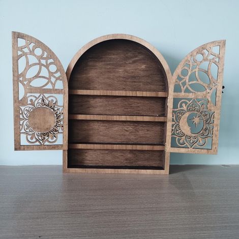 Wandmontierter Kristallhalter mit Sonnen- und Mondmotiv, Holzablage, Organizer für Sammlerstücke, Nagellack und ätherische Öle. Kristallhalter, Verbundmaterial, 28 x 22 x 3 cm, 380 g, mit Schraubbefes (1/5)