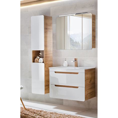 Badmöbel Set mit Keramikwaschtisch in Hochglanz weiß mit Wotan Eiche Nb. LUTON-56 mit LED-Spiegelschrank, B/H/T ca. 130/200/46 cm (1/5)