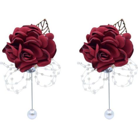 Boutonnière - Fleur Artificielle Satin Rose - 12 x 7 cm - Décoration Mariage Bal Soirée Formelle - 2 Pièces (1/4)