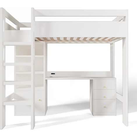 Cama alta infantil 90x200 blanca con escritorio USB-C, armario y almacenaje HOMVRA (1/5)