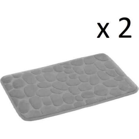 Lot de 2 tapis de bain à motif galets, tapis salle de bain antidérapant en microfibre coloris gris - Longueur 60 x Profondeur 40 cm