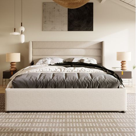 Cama 180x200 cm de lino beige, cama doble tapizada con arcón elevable y cabecero acolchado (1/5)