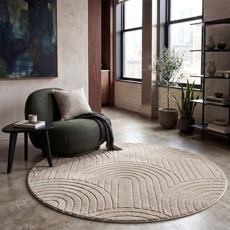 Paco Home Tappeto Soggiorno Camera da letto Pile alto Morbido Lavabile Uni 3D Ottica Beige Ø 160 cm tondo (1/5)
