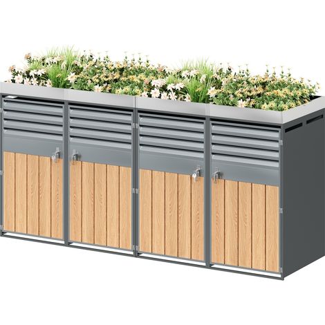 Cache-poubelles verrouillable avec bac à plantes, 4 compartiments, acier galvanisé gris effet bois, pour extérieur, pratique et décoratif, 2 colis – CHICFURN (1/5)