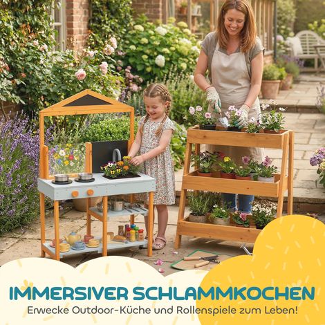 Cuisine enfant extérieur en bois massif avec plan de cuisson, évier démontable et étagères, jeu pour enfants 3-8 ans, bleu ciel.