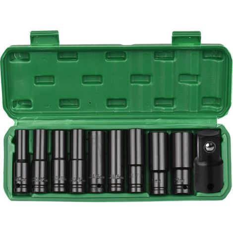 Coffret de 10 douilles à impact hexagonales 1/2 pouce, douilles profondes de 10 à 22 mm et adaptateur 3/8 pouce, en acier CR-V, avec coffret de rangement rigide. (1/5)